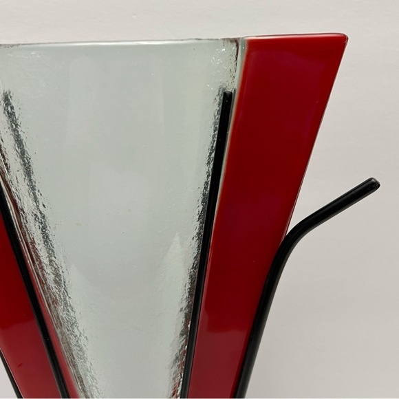 Vintage Postmodern Memphis Style Red Clear Art Glass Vase and Metal Stand - Picture 5 of 14